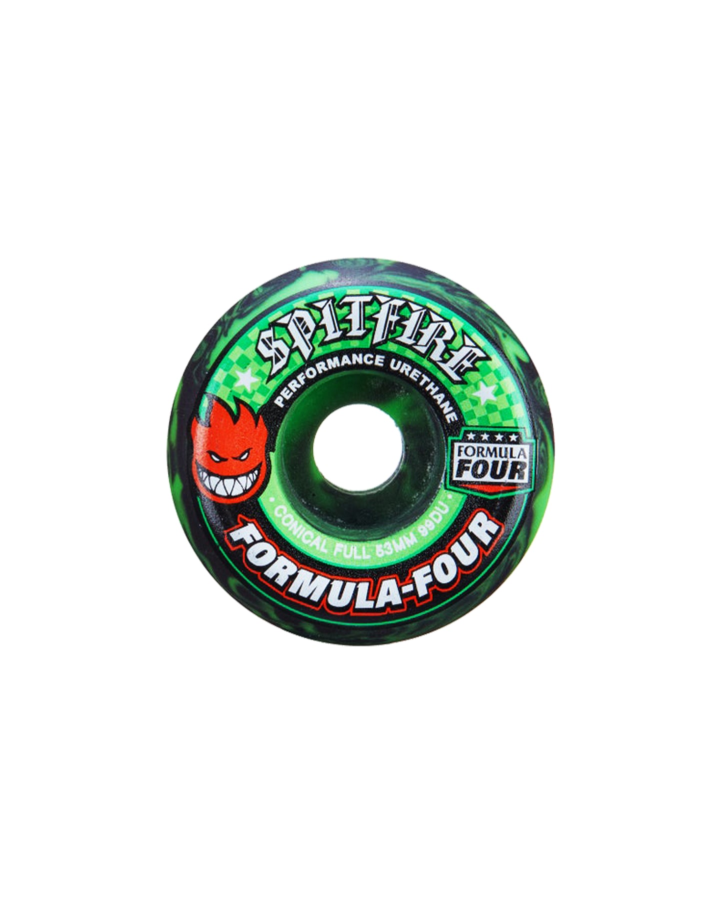53MM SPITFIRE F4 99A CONICAL FULL SWIRL GREEN/BLACK WHEELS